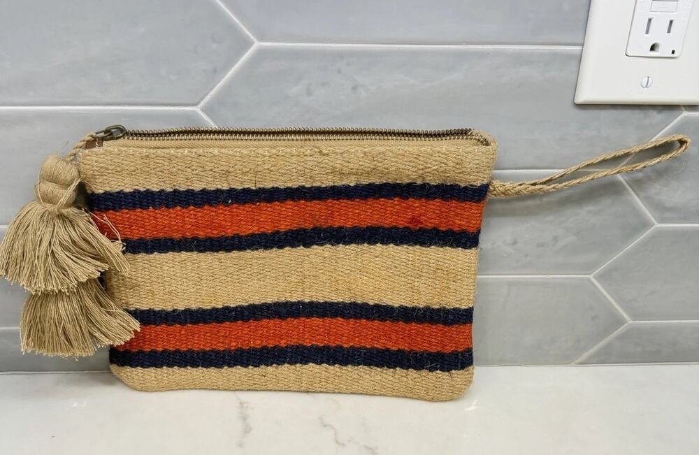 J. Jill Jute Clutch Wristlet Bag Striped Navy Orange Tassel Coastal Boho Summer